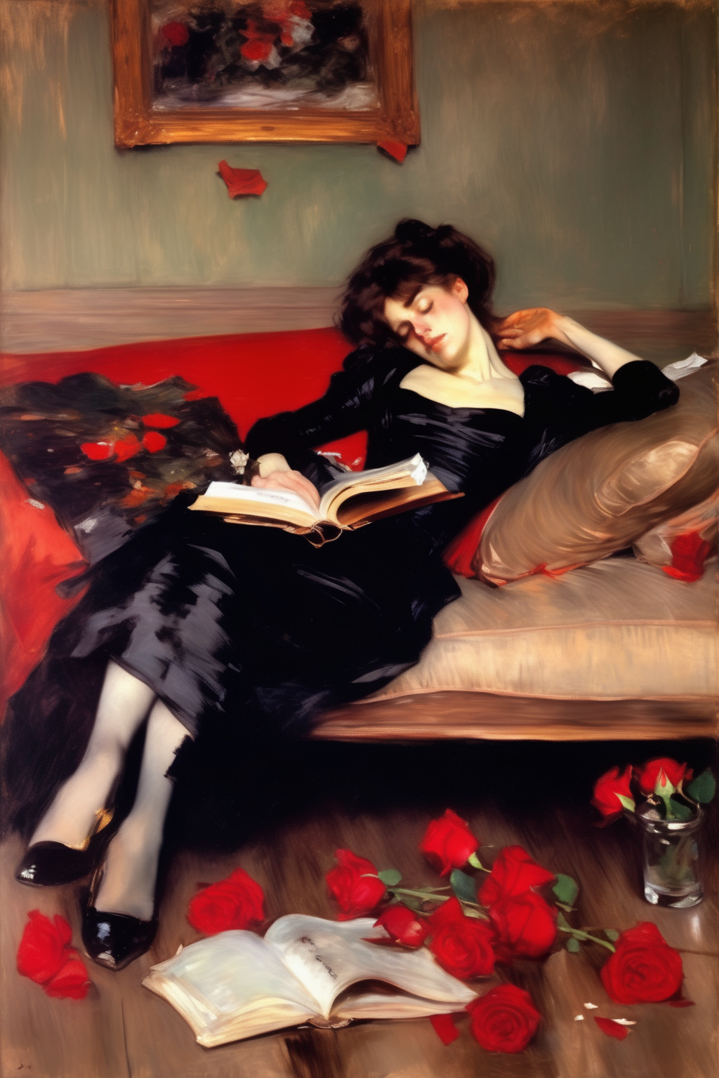 01074-3468499827-_lora_William Merritt Chase Style_1_William Merritt Chase Style - Woman reclining on sofa with book in left hand and red rose on.png